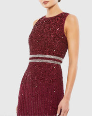 Dark Red Sleeveless High Neck Beaded Midi Sheath Dress