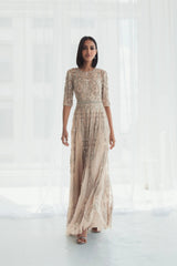 Beige 3/4 Sleeve Embellished A-line Gown