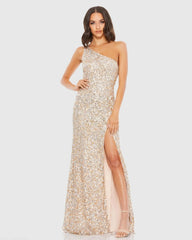 Sequined One Shoulder Gown With Slit