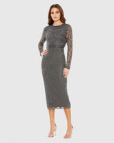 Gray Beaded Tea Length Dress w/ Sheer Sleeves