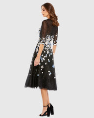 Black Floral Embroidered A-Line Tea-Length Cocktail Dress