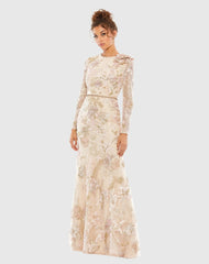 Pink and Beige Embroidered Lace Trumpet Evening Dress