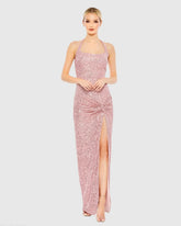 Pink Sequined Halter Strap Low Side Knot Gown
