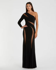 Black Jersey One Shoulder Illusion Cut Out Gown