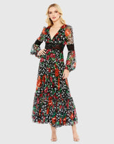 Black V Neck Floral Long Puff Sleeve Ruffle Dress - FINAL SALE