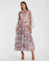 Multicolor Floral High Neck Balloon Sleeve Midi Dress
