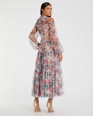 Multicolor Floral High Neck Balloon Sleeve Midi Dress