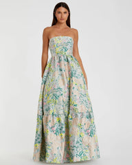 Multicolor Strapless Floral Brocade A-Line Gown