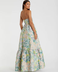 Multicolor Strapless Floral Brocade A-Line Gown