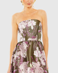 Green Strapless Bottom Ruffle Floral Gown