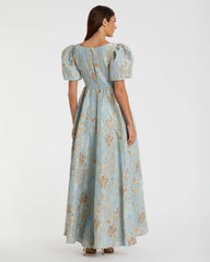 Blue Brocade Puff Sleeve High Low Gown