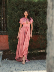 Pink Front Cutout High Low Pleated Gown