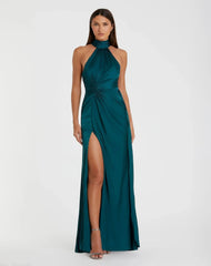 Blue Open Back High Neck Side Ruched Gown