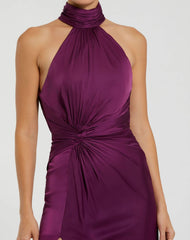 Purple Open Back High Neck Side Ruched Gown