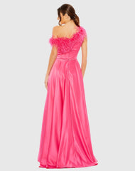 Pink One Shoulder A Line Gown With Feather Detail