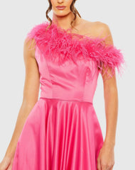 Pink One Shoulder A Line Gown With Feather Detail
