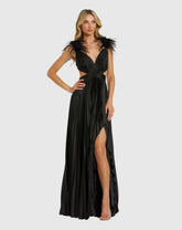 Black Pleated Feather Cap Sleeve Open Back Gown