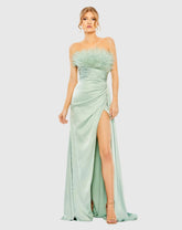 Green Strapless Feather Detail Satin Gown