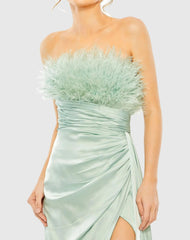 Green Strapless Feather Detail Satin Gown