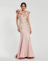 Pink Flutter Sleeve Embellished Mermaid Gown