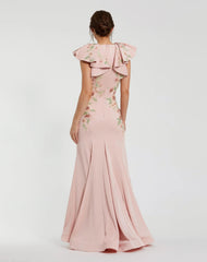 Pink Flutter Sleeve Embellished Mermaid Gown