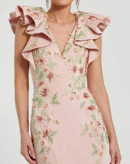 Pink Flutter Sleeve Embellished Mermaid Gown