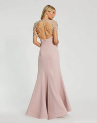 Pink Draped Pearl Beaded Mermaid Gown