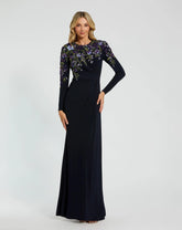 Navy Embellished Long Sleeve Fitted Jersey Gown