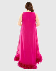 Pink High Neck Feather Hem Gown