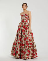Multicolor Brocade Strapless Floral Gown With Ruffle Hem