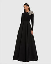 Black Long Sleeve Ball Gown Taffeta with 3D Rhinestone Flower