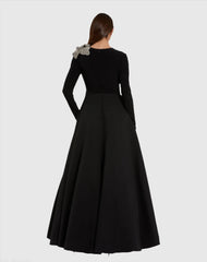 Black Long Sleeve Ball Gown Taffeta with 3D Rhinestone Flower