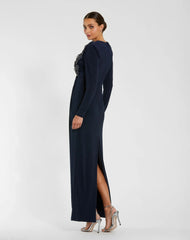 Navy Jersey Long Sleeve Fitted Gown With 3D Flowers