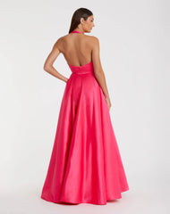 Pink Deep V Satin Ballgown with Oversized Bow