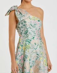 Multicolor One Shoulder Brocade Floral Dress With Bow