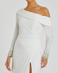 White Beaded Cuff Drop Shoulder Faux Wrap Gown