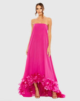 Pink Strapless Flare Feather Hem Gown