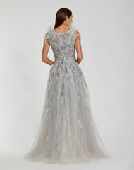 Green Embellished Feathered Sleeveless A Line Gown