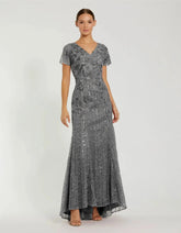 Gray Embellished V Neck Cap Sleeve Trumpet Gown