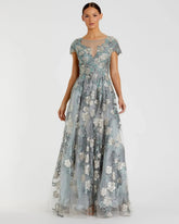 Floral Embroidered Cap Sleeve Evening Gown