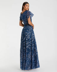 Navy Embellished Illusion Butterfly Sleeve A-Line Gown