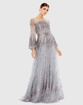 Silver Jewel Encrusted Illusion Long Sleeve A Line Gown