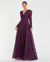 Dark Purple Embellished V Neck Long Sleeve A Line Gown