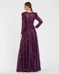 Dark Purple Embellished V Neck Long Sleeve A Line Gown