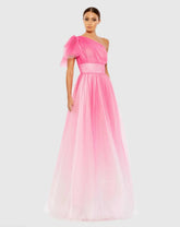 Pink Glitter Ombre Ruffled One Shoulder Ballgown