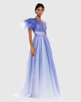 Blue Glitter Ombre Ruffled One Shoulder Ballgown