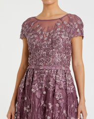 Purple Embellished Floral Cap Sleeve A Line Gown