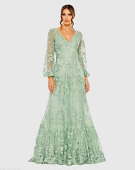 Green Puff Sleeve A-Line Embroidered Gown