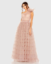 Pink One Shoulder Faux Bow Feather Tiered A Line Gown
