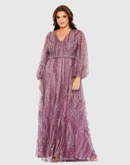 Purple V Neck Puff Sleeve Embroidered A Line Gown (Plus)